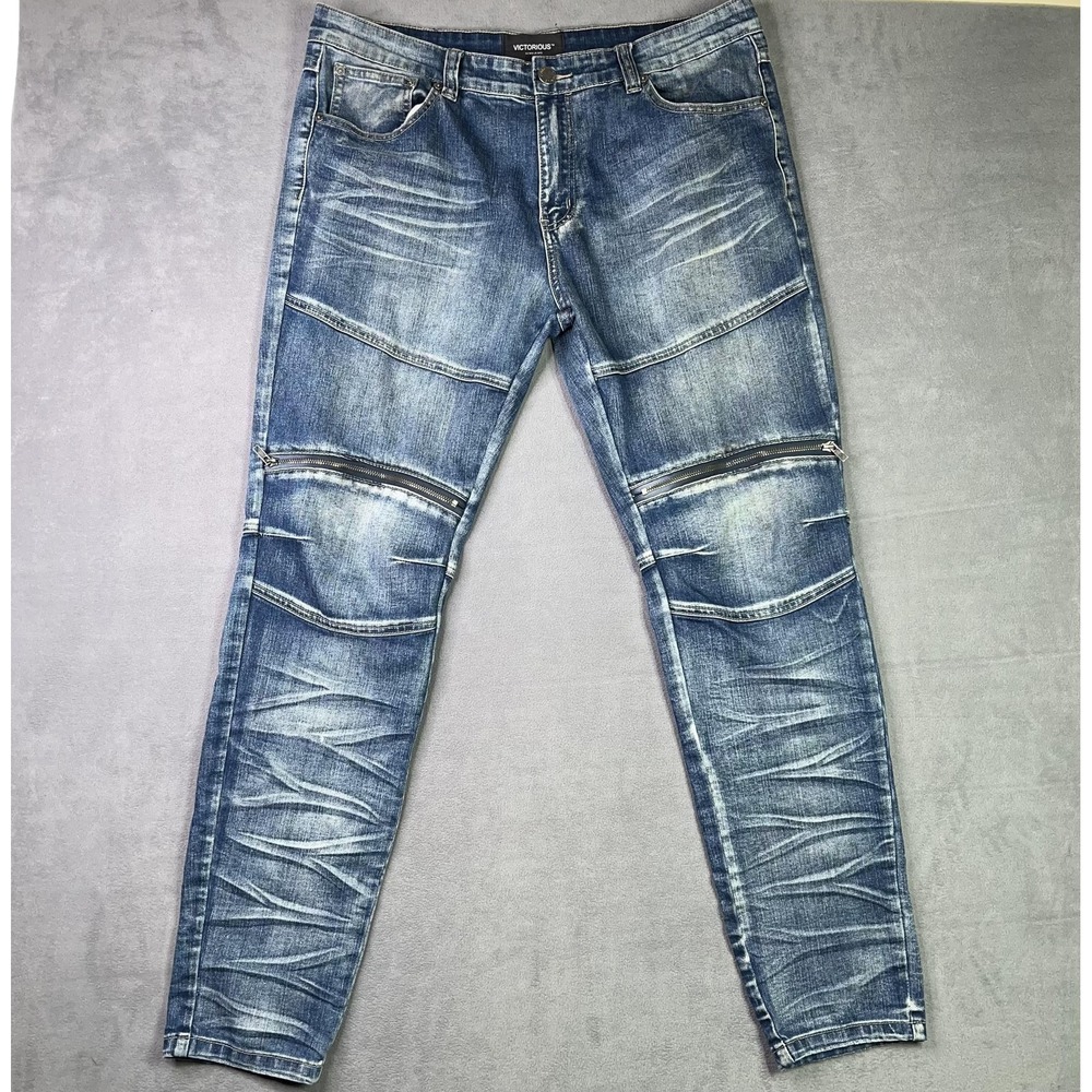 Victorious‎ Moto Zip Panel Jeans Men's 34 Blue Stretch Denim